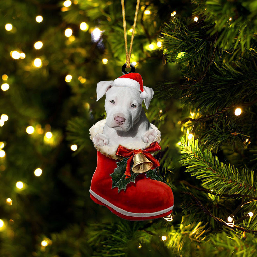 Staffordshire Bull Terrier White In Santa Boot Christmas Two Sided Ornament