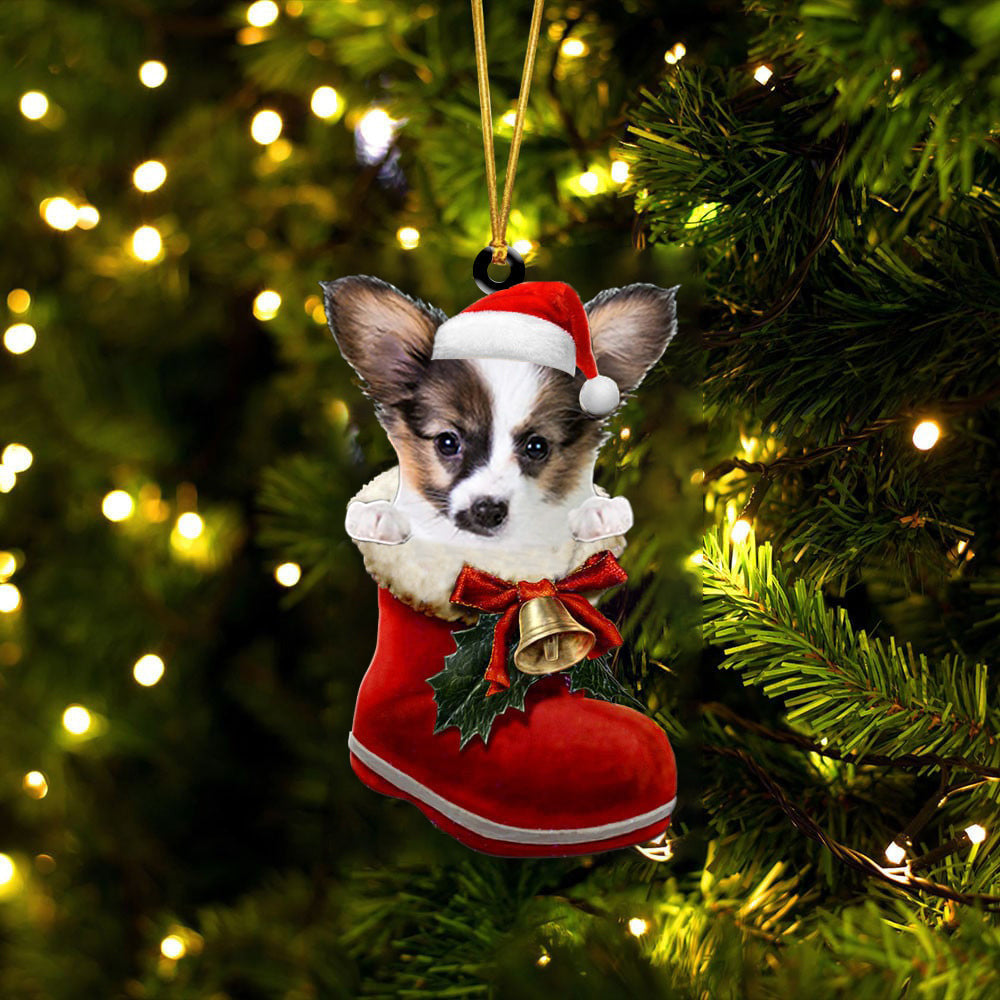 Papillon 3 In Santa Boot Christmas Two Sided Ornament