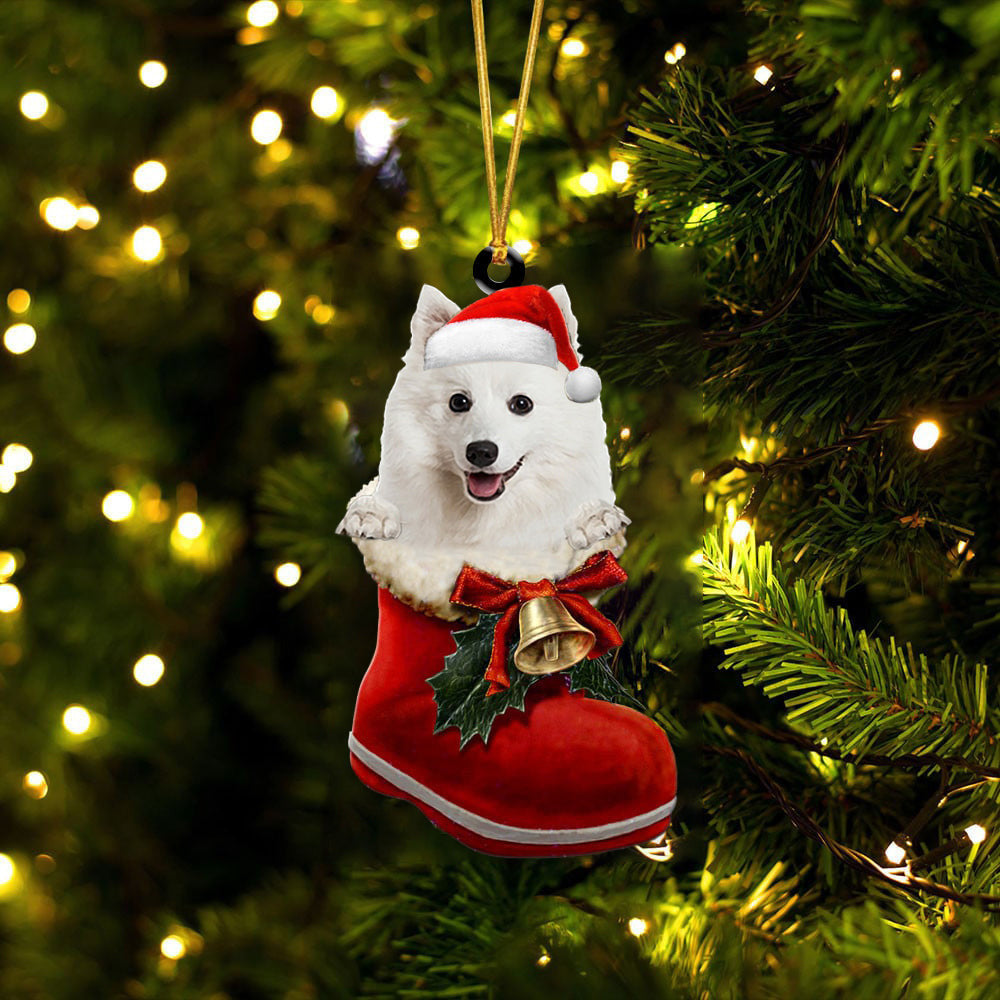 Japanese Spitz In Santa Boot Christmas Two Sided Ornament