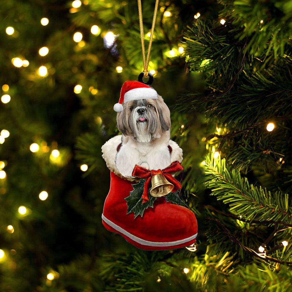 Shih Tzu 2 In Santa Boot Christmas Two Sided Ornament