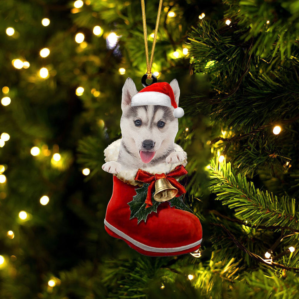 Siberian Husky 5 In Santa Boot Christmas Two Sided Ornament