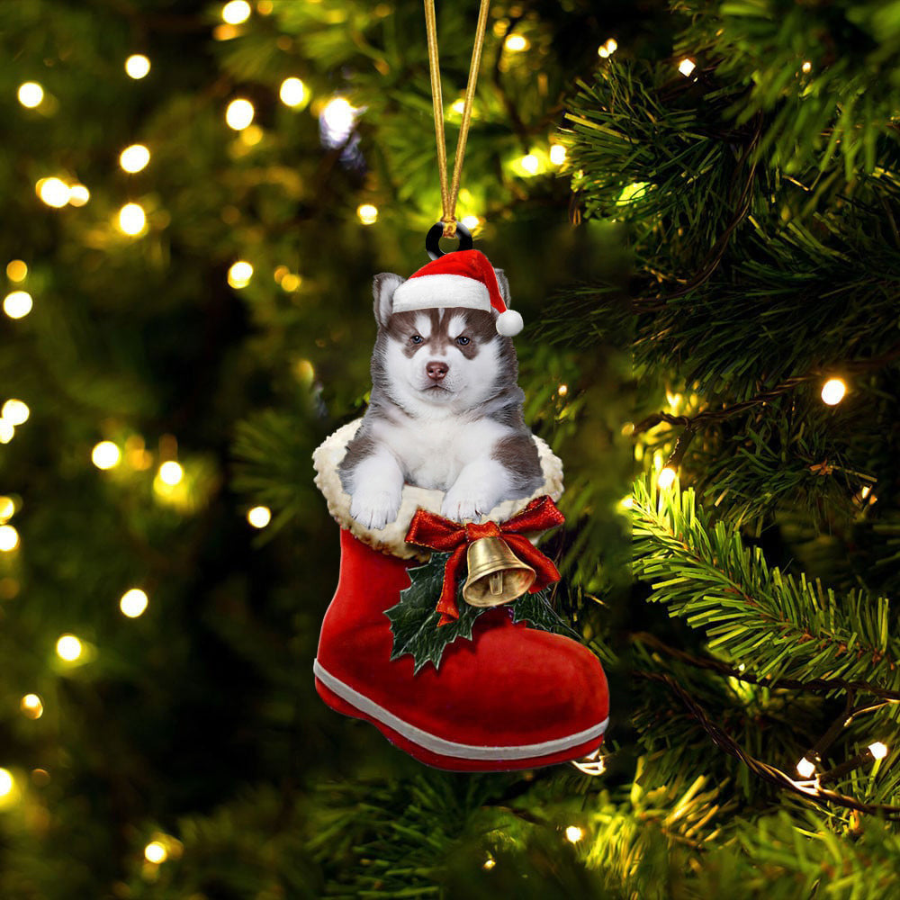 Siberian Husky 3 In Santa Boot Christmas Two Sided Ornament