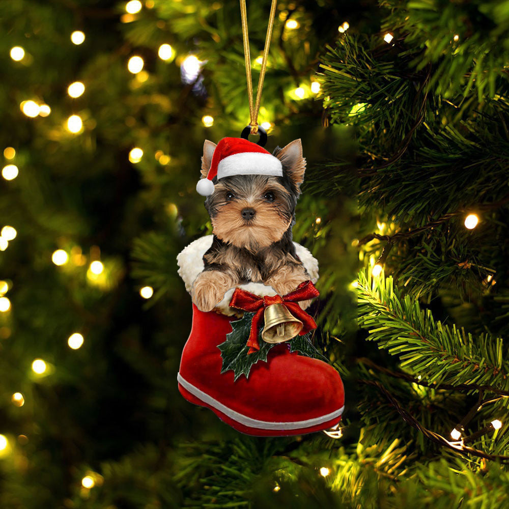 Yorkshire Terrier  2 In Santa Boot Christmas Two Sided Ornament