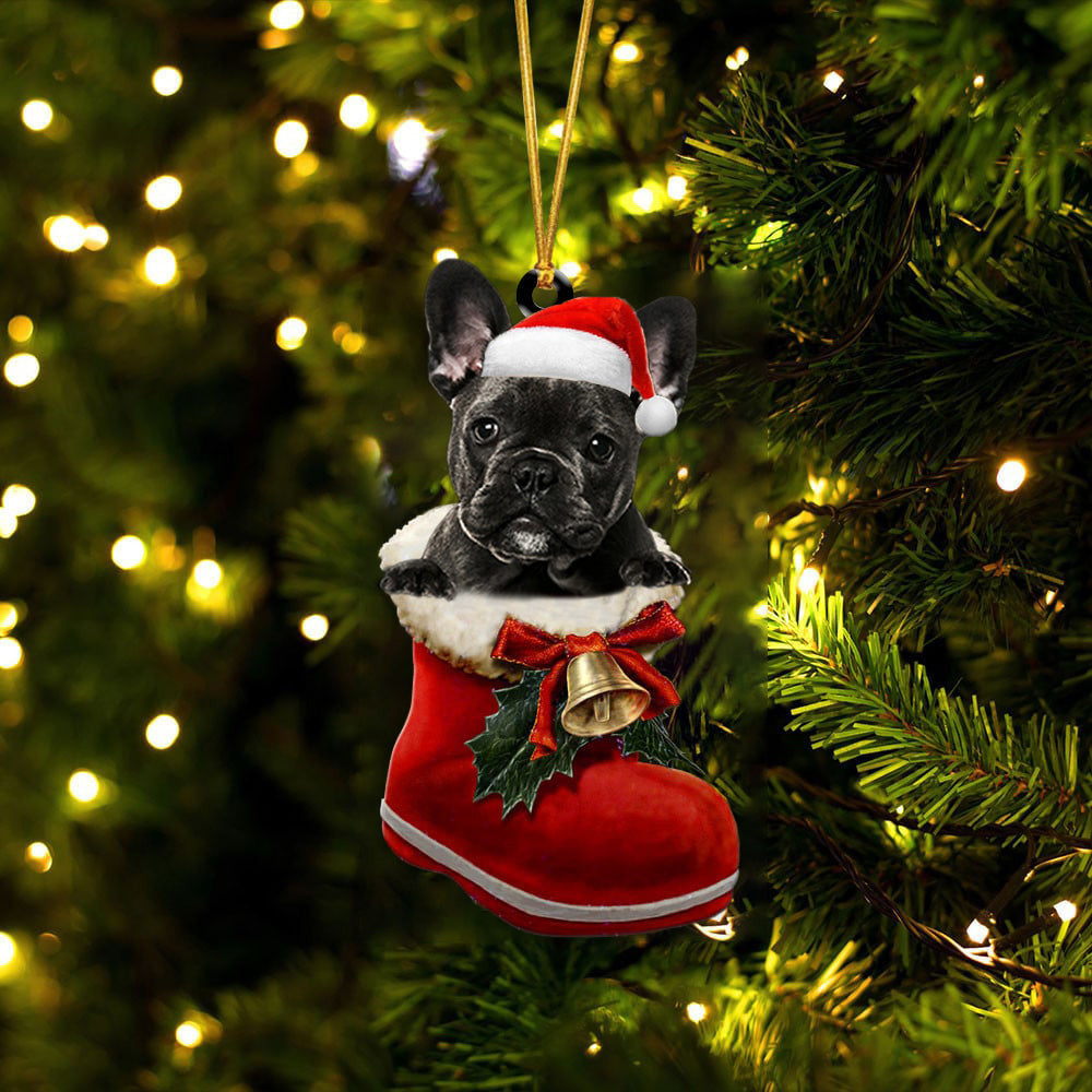 French Bulldog Black 2 In Santa Boot Christmas Two Sided Ornament