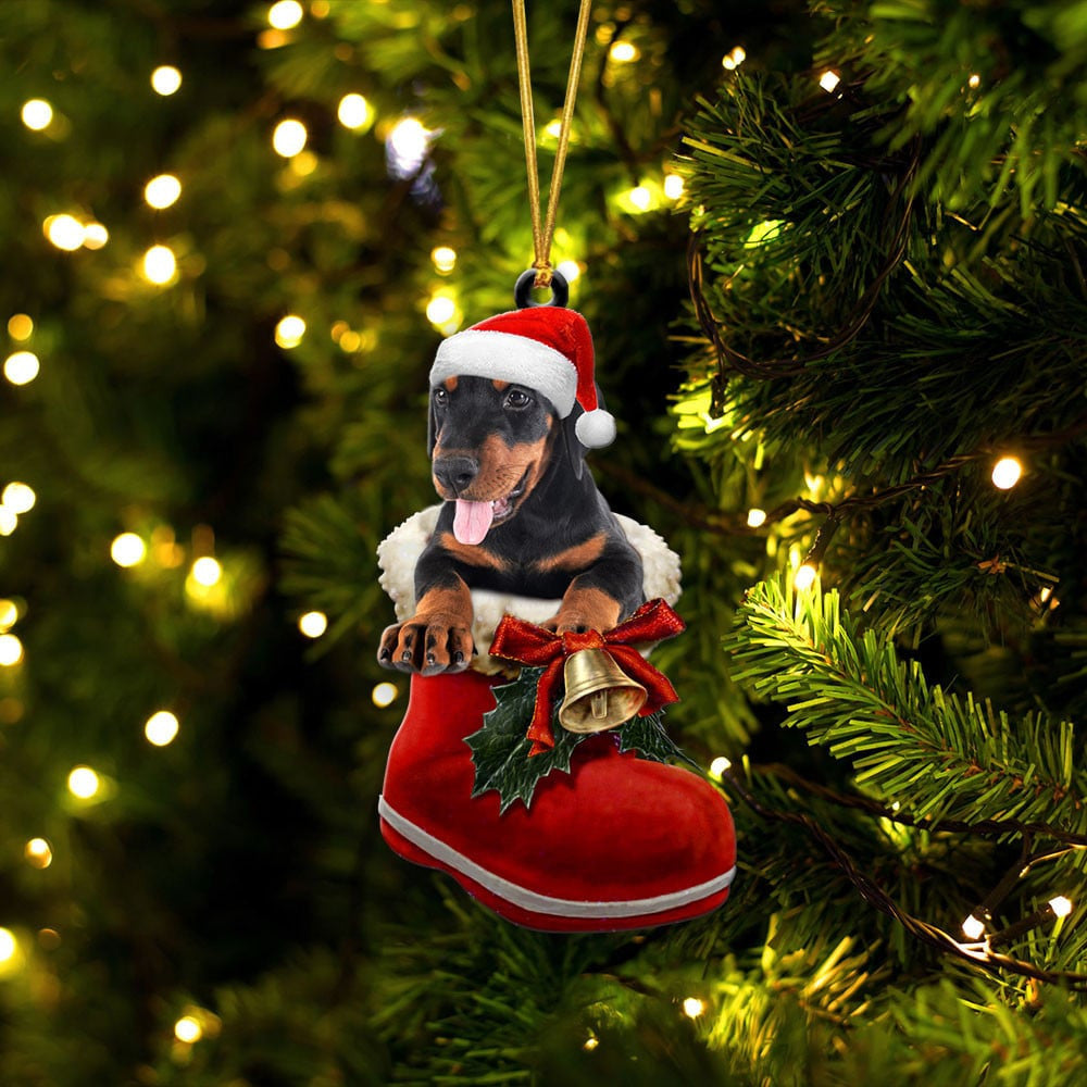 Doberman Pinscher In Santa Boot Christmas Two Sided Ornament