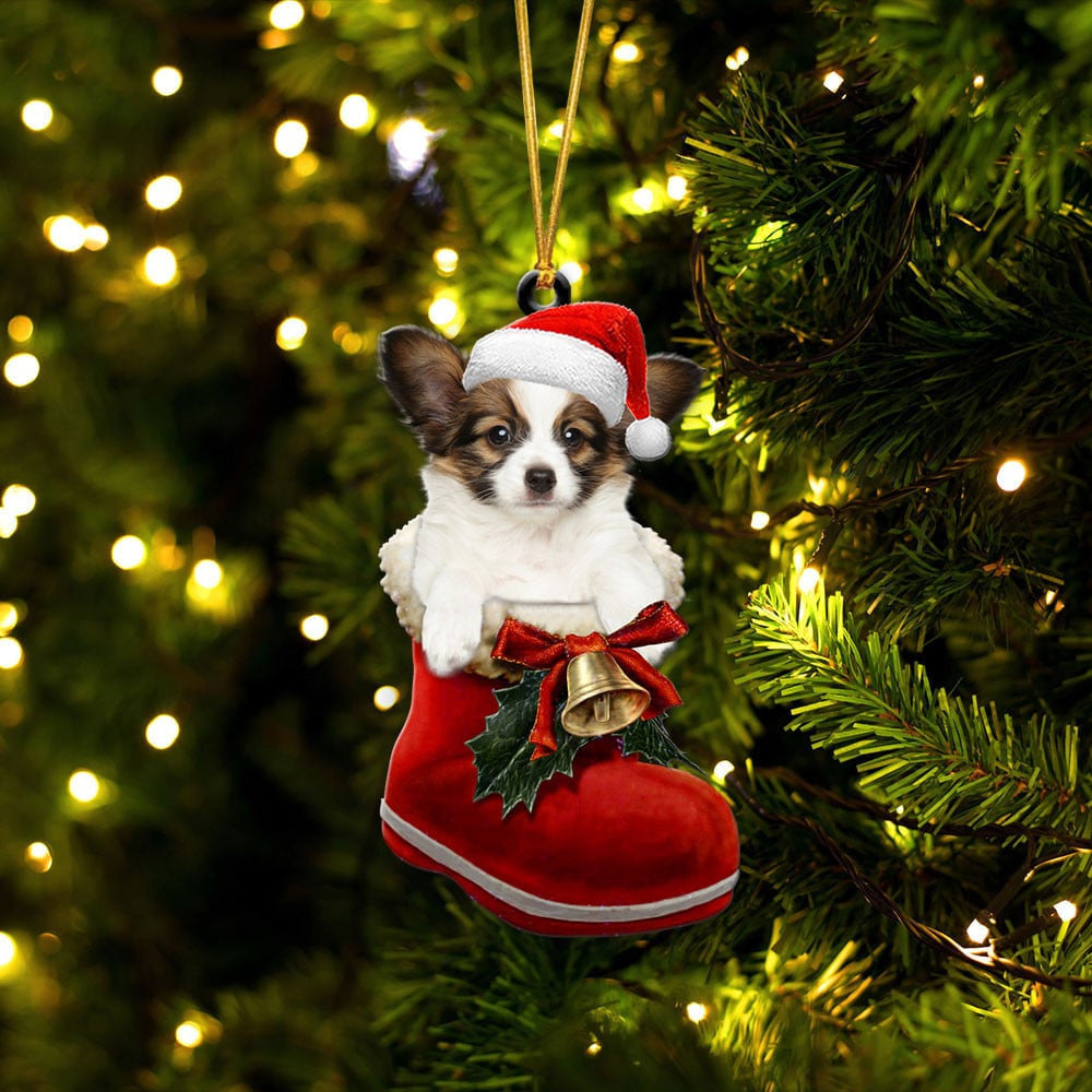 Papillon Dog In Santa Boot Christmas Two Sided Ornament