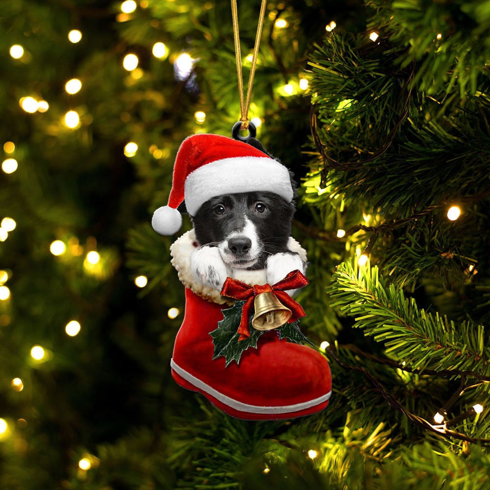 Border Collie In Santa Boot Christmas Two Sided Ornament