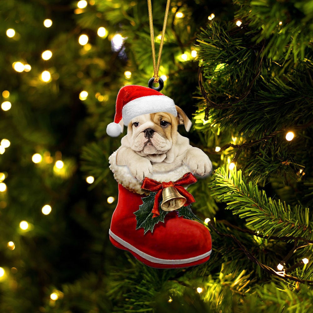 Bulldog In Santa Boot Christmas Two Sided Ornament