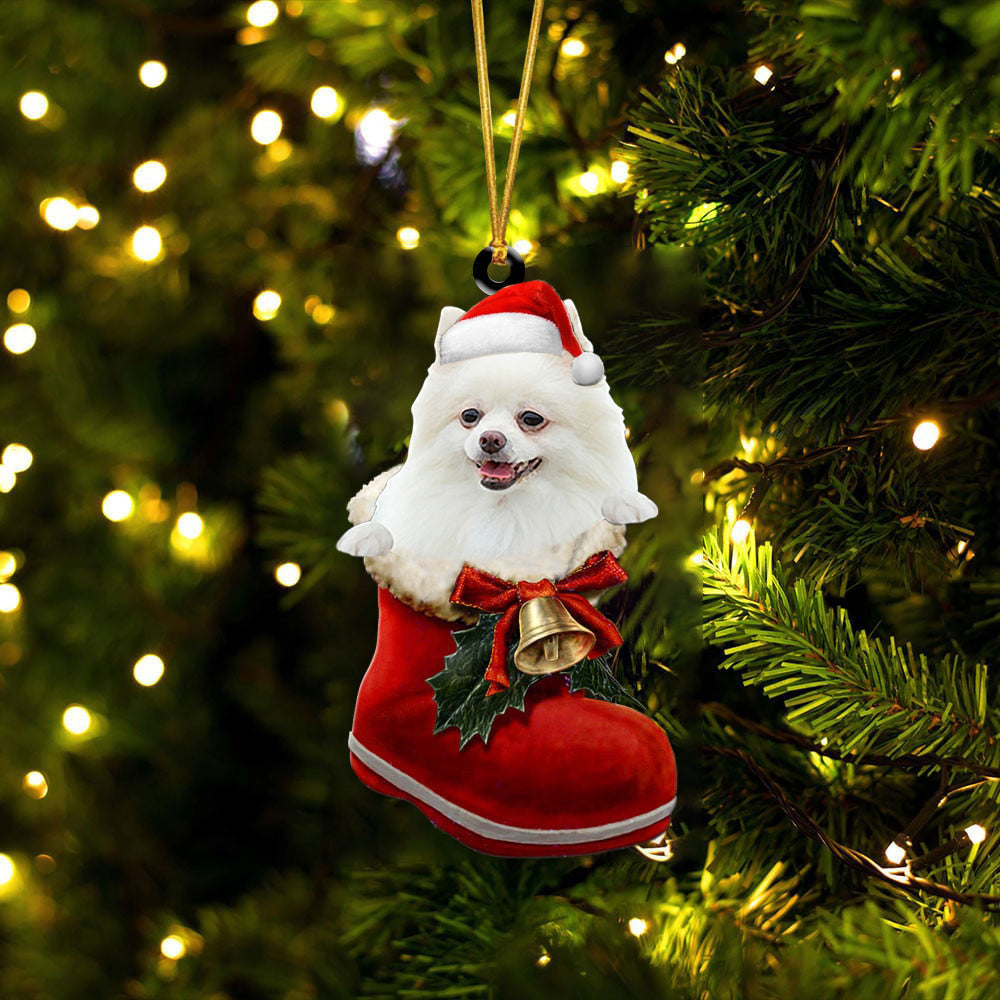 Pomeranian(White In Santa Boot Christmas Two Sided Ornament