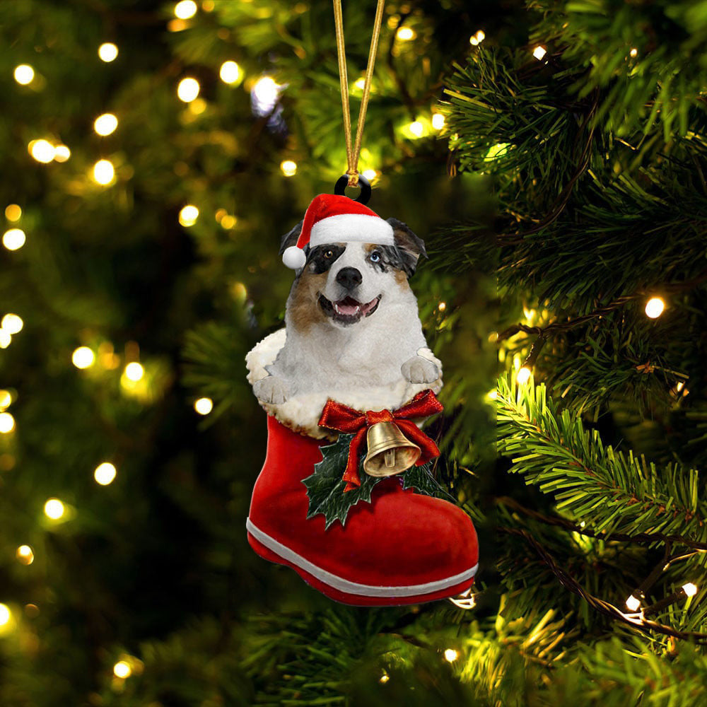 Blue Merle Aussie In Santa Boot Christmas Two Sided Ornament