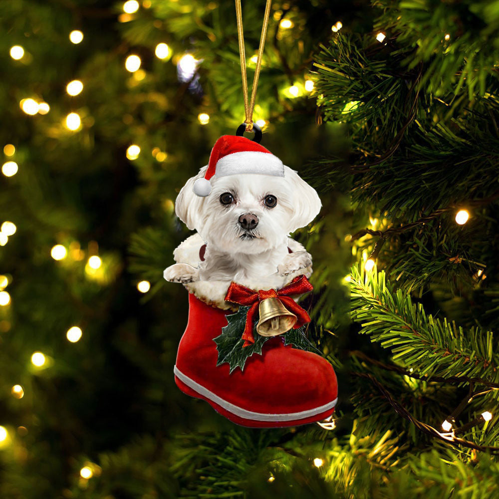 Maltese 1 In Santa Boot Christmas Two Sided Ornament