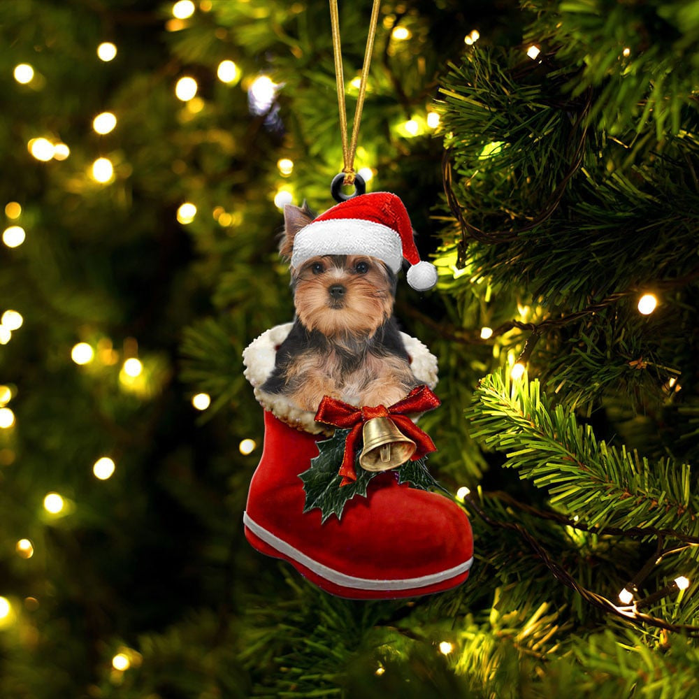 Yorkshire Terrier In Santa Boot Christmas Two Sided Ornament
