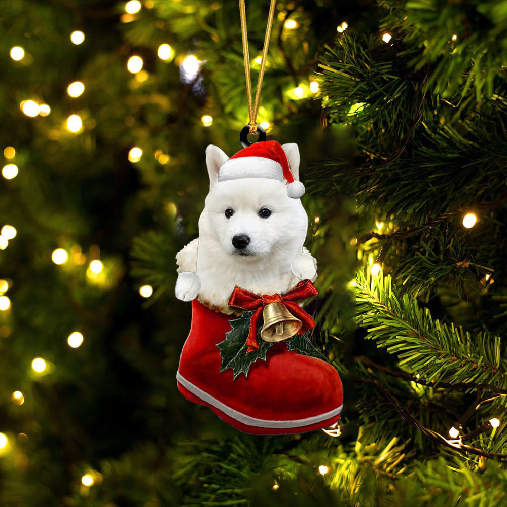Siberian Husky White 2 In Santa Boot Christmas Two Sided Ornament