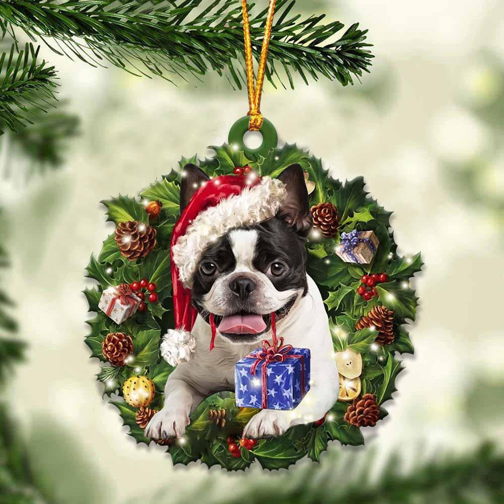 Boston Terrier and Christmas Wreath Ornament gift for Boston Terrier lover ornament
