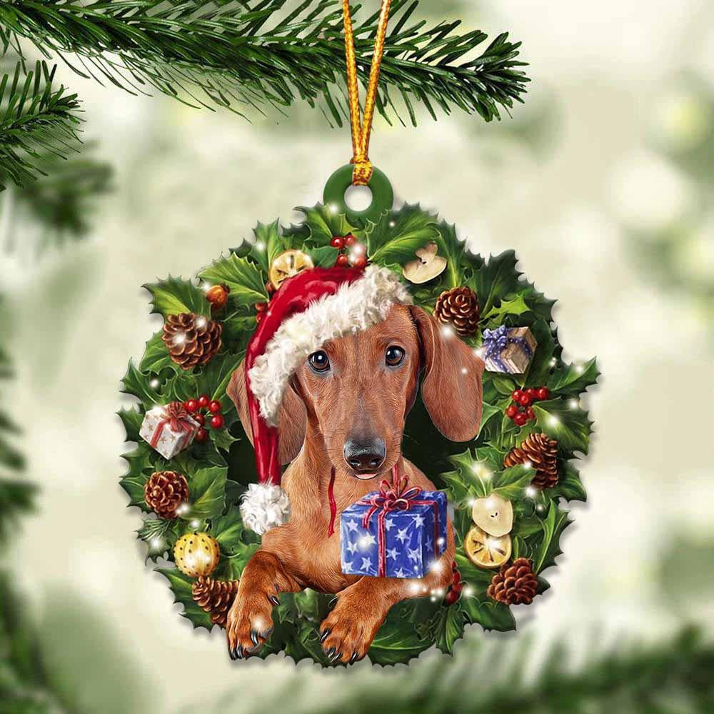 Red Dachshund and Christmas Wreath Ornament gift for Red Dachshund lover ornament