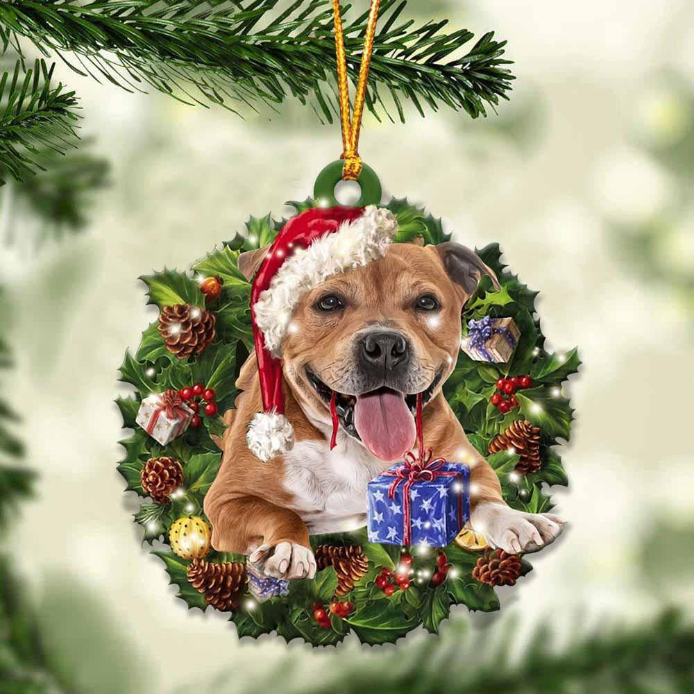 Staffordshire Bull Terrier and Christmas Wreath Ornament gift for Staffordshire Bull Terrier lover ornament