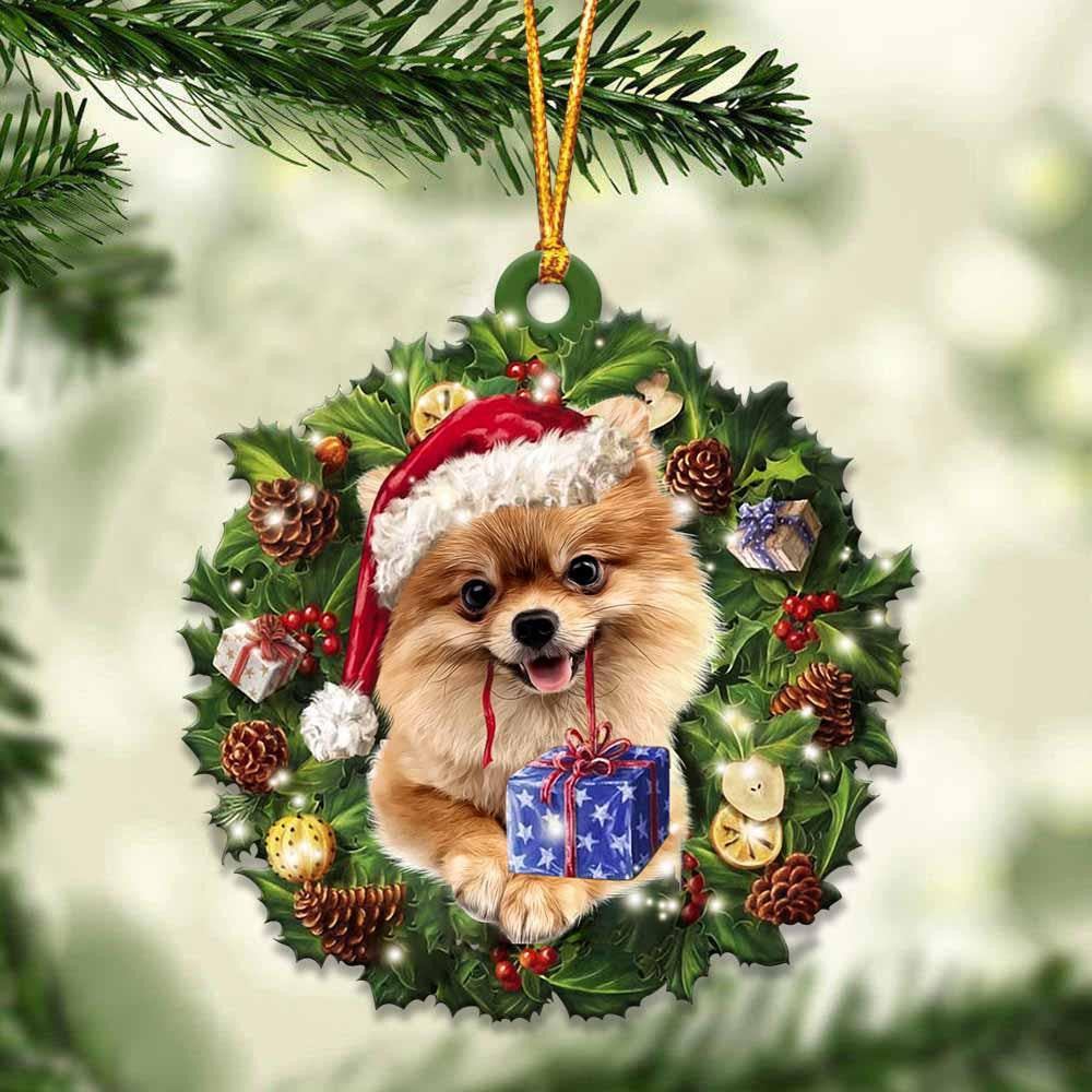 Gold Pomeranian and Christmas Wreath Ornament gift for Gold Pomeranian lover ornament
