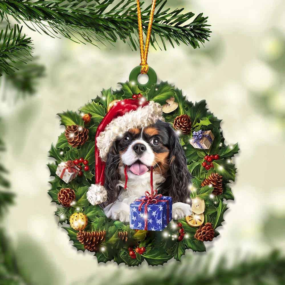 Black and Tan Cavalier King and Christmas Wreath Ornament gift for Black and Tan Cavalier King lover ornament