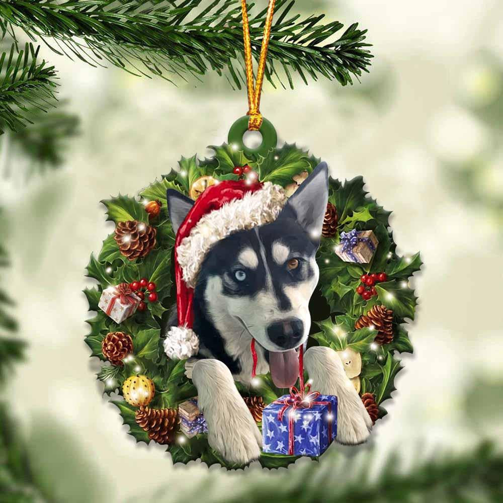 Husky and Christmas Wreath Ornament gift for Husky lover ornament cus