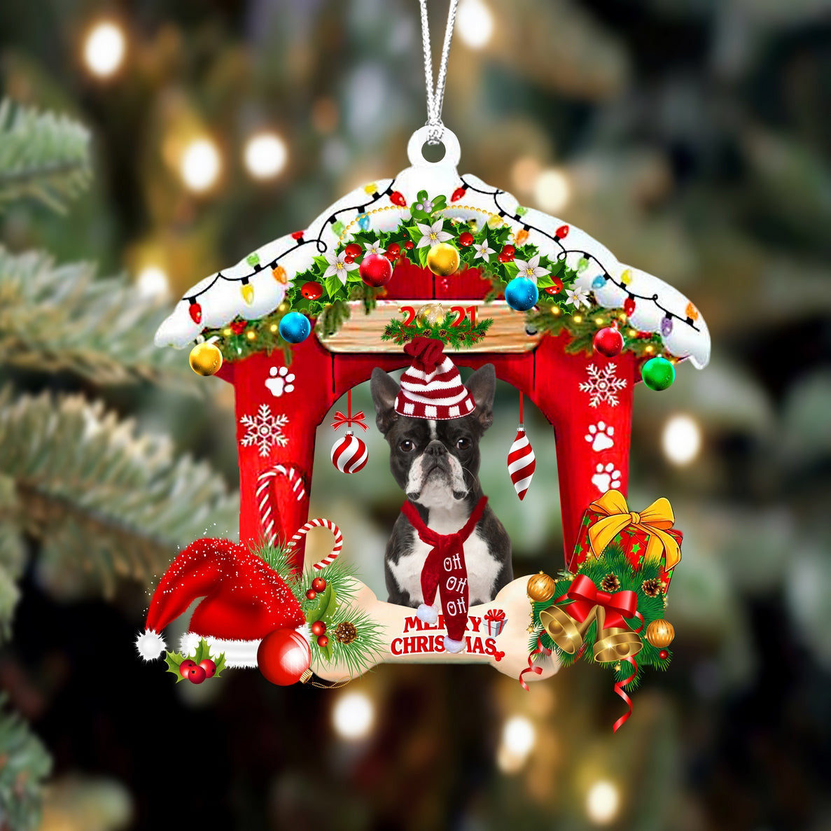 Boston terrier Christmas House Custom Shaped Two Sided Ornament