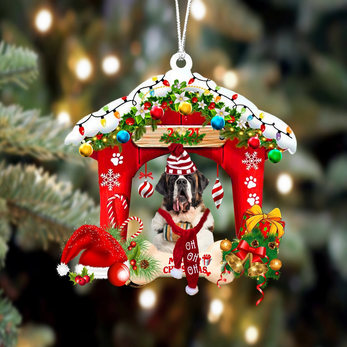 St Bernard Christmas House Custom Shaped Two Sided Ornament