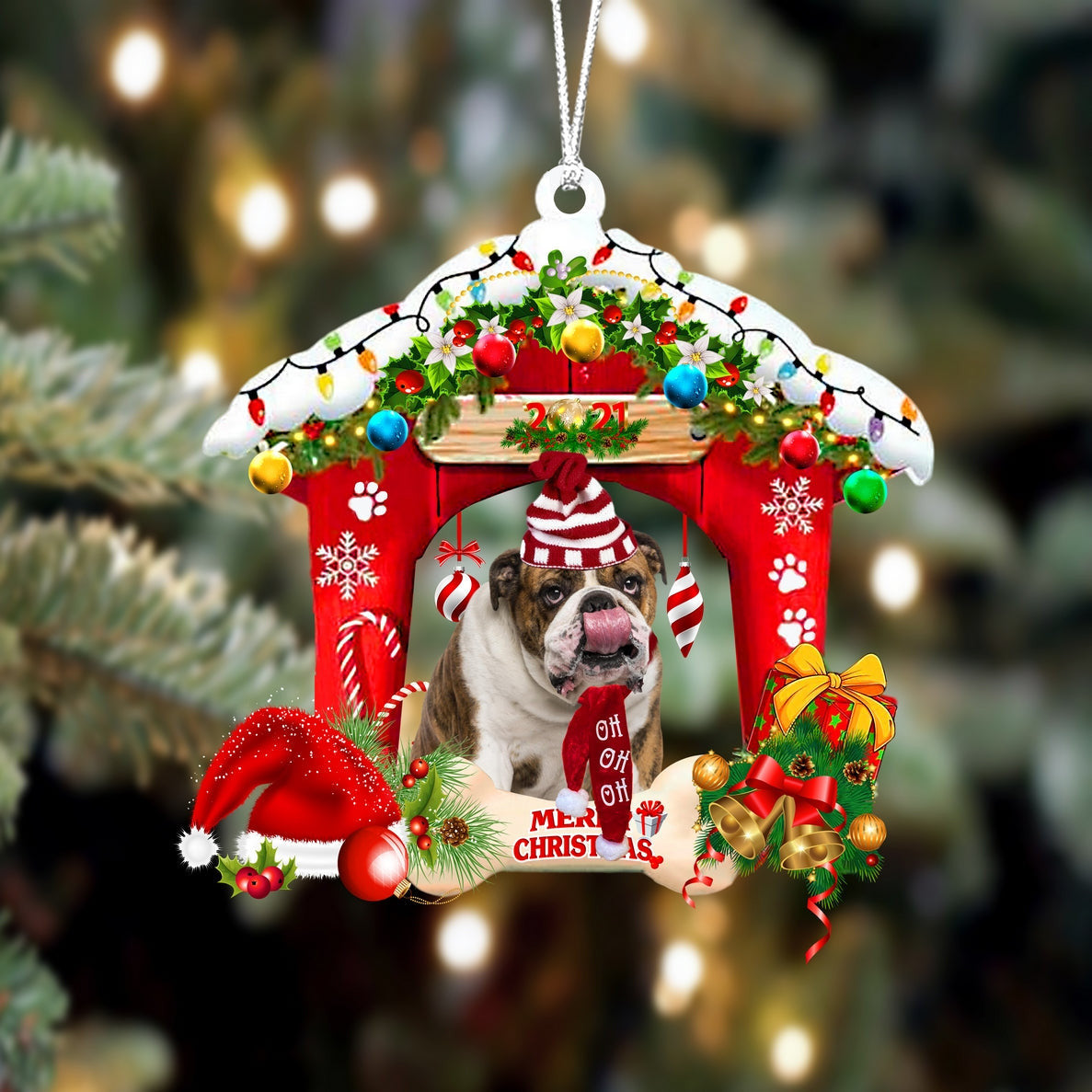 English Bulldog Christmas House Custom Shaped Two Sided Ornament