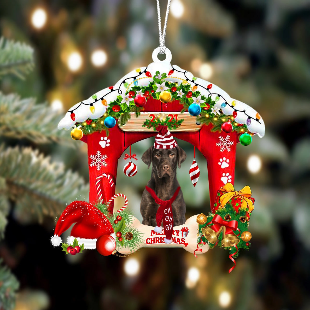Chocolate Labrador Christmas House Custom Shaped Two Sided Ornament