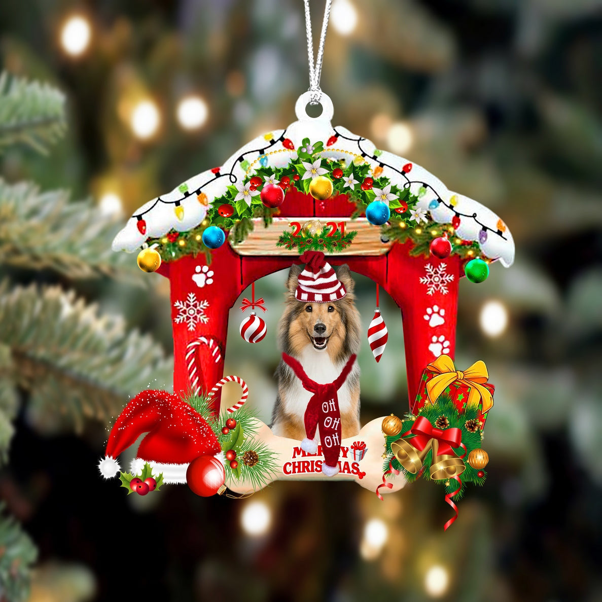 Shetland Sheepdog Christmas House Custom Shaped Two Sided Ornament