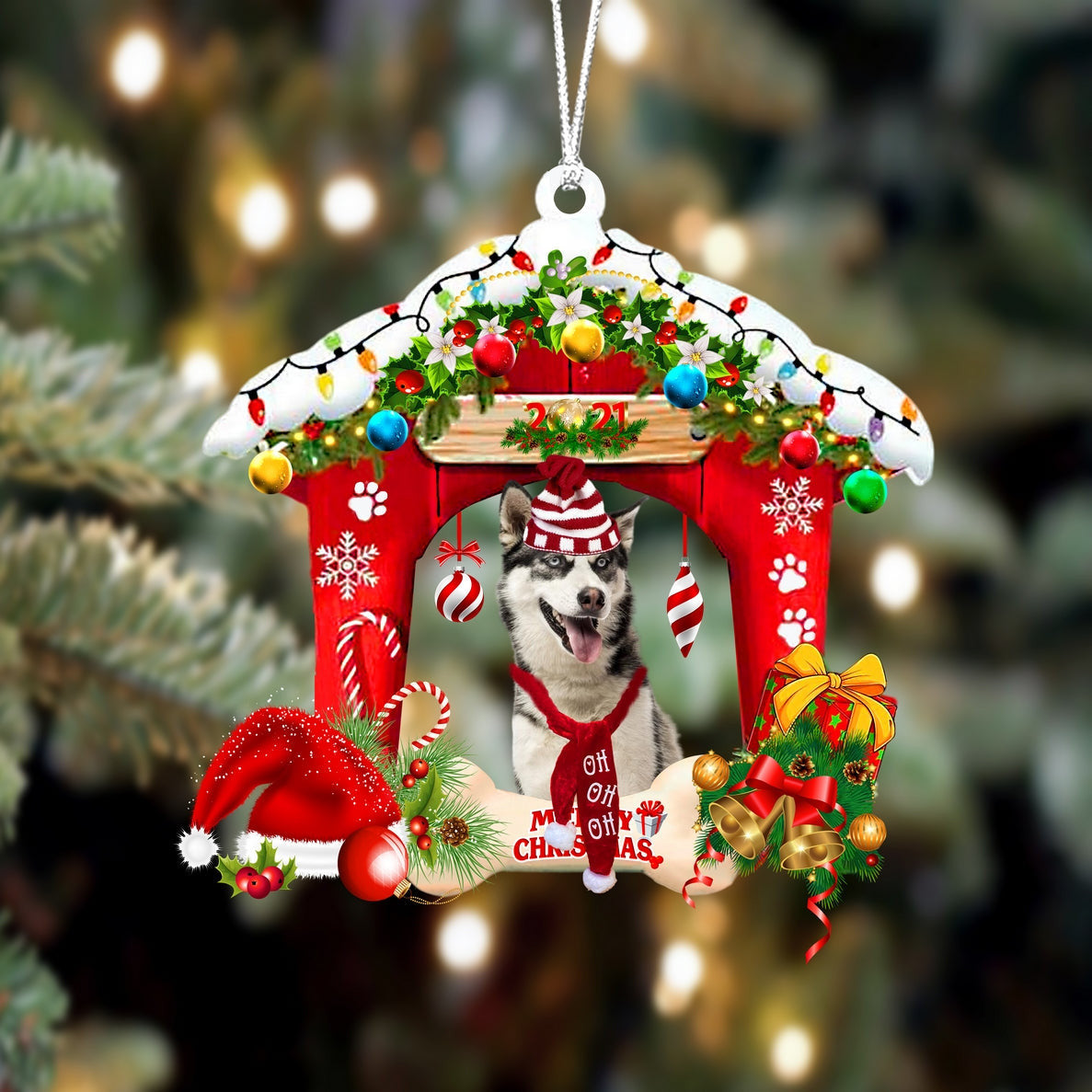 Siberian Husky Christmas House Custom Shaped Two Sided Ornament