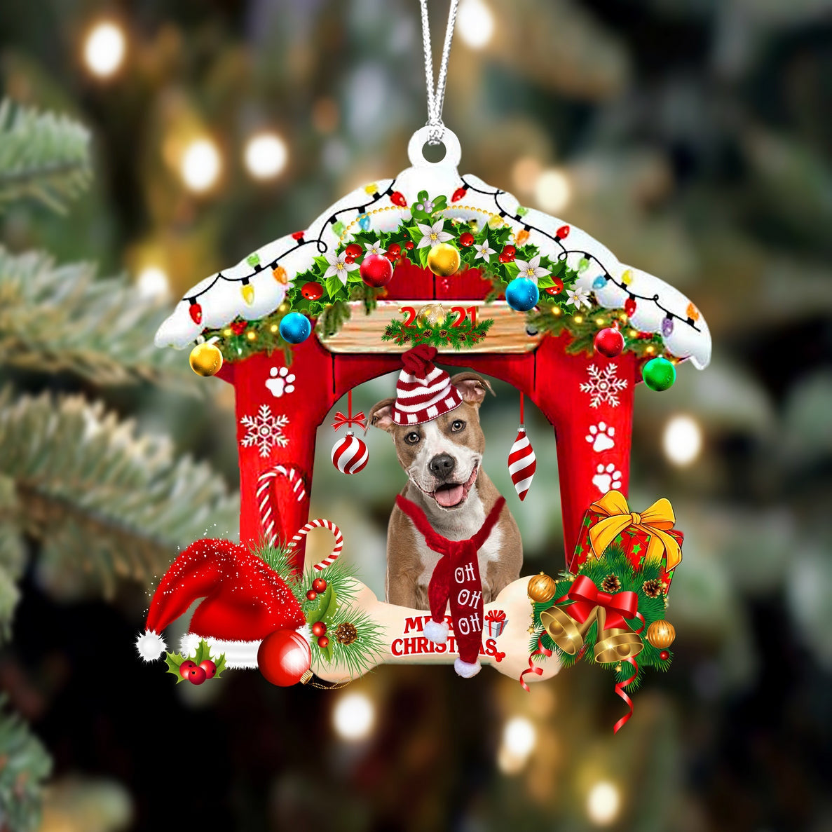 Pitbull Christmas House Custom Shaped Two Sided Ornament
