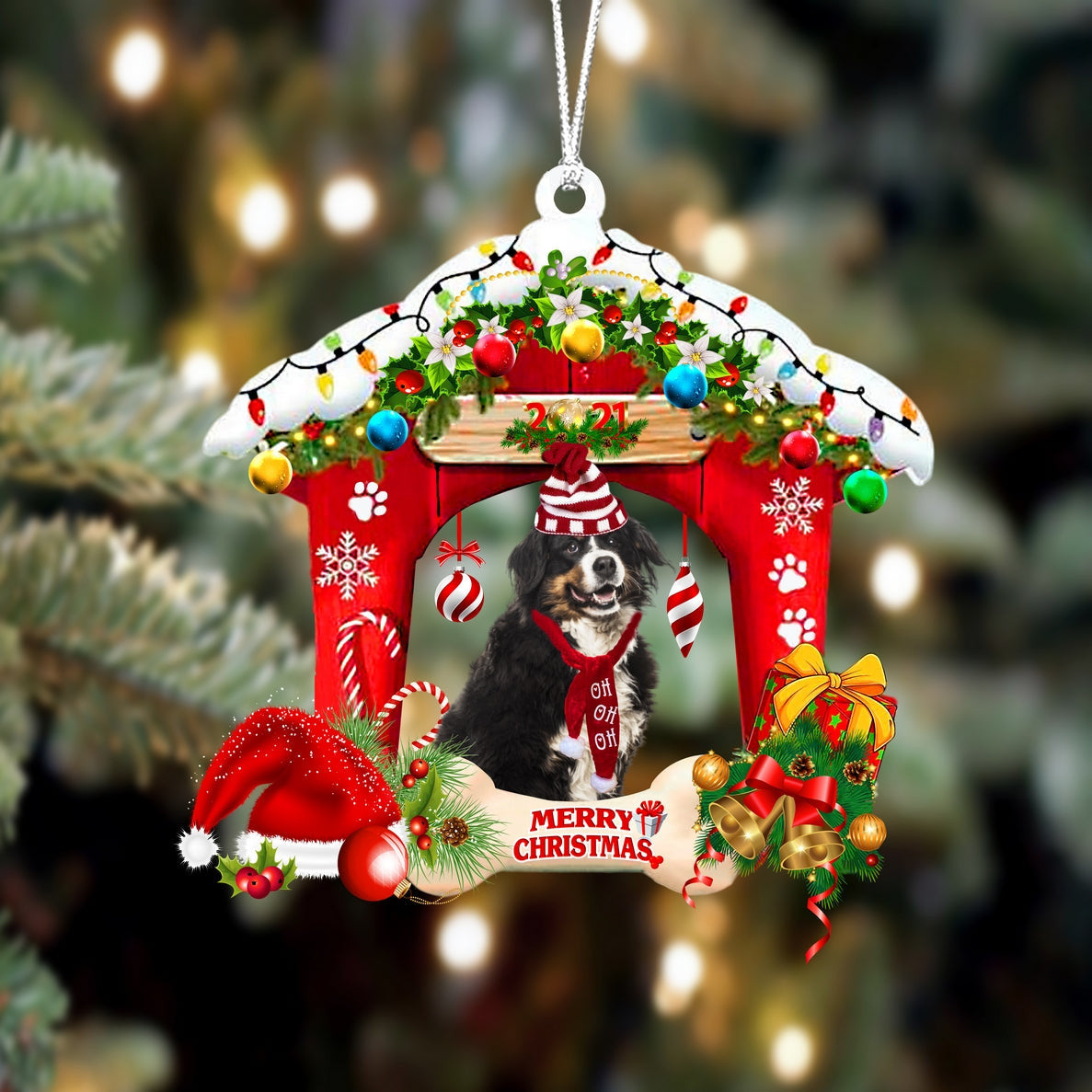 Bernese Mountain Dog Christmas House Custom Shaped Two Sided Ornament