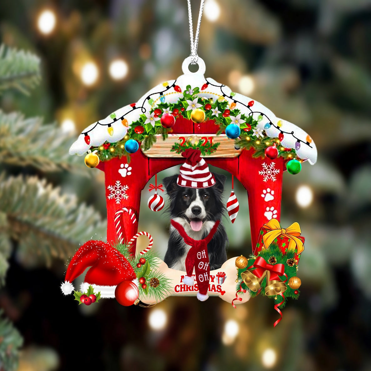 Border Collie Christmas House Custom Shaped Two Sided Ornament