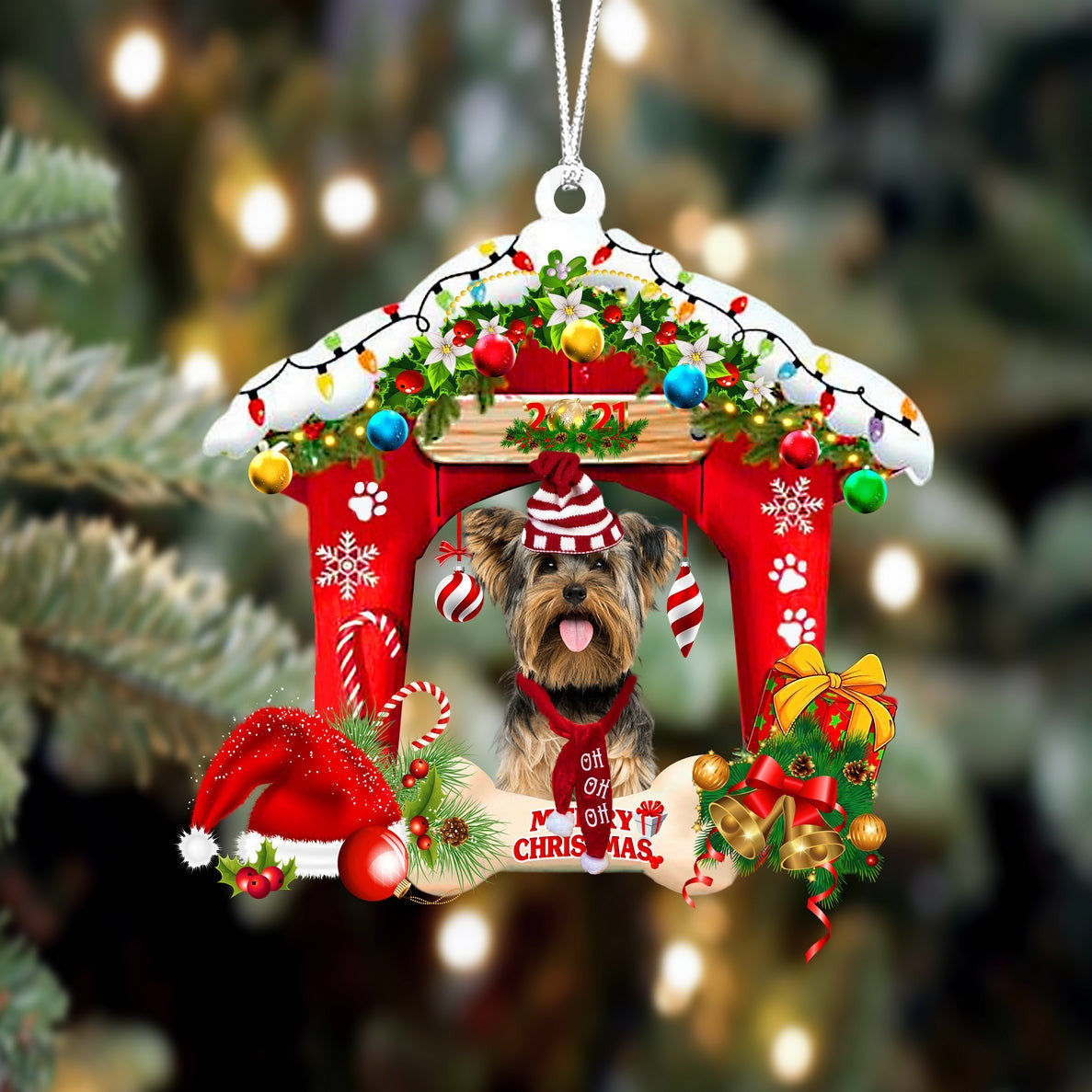 Yorkshire Terrier Christmas House Custom Shaped Two Sided Ornament