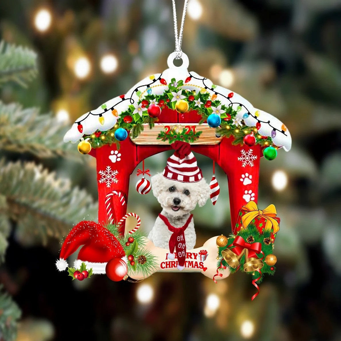 Bichon Frise Christmas House Custom Shaped Two Sided Ornament
