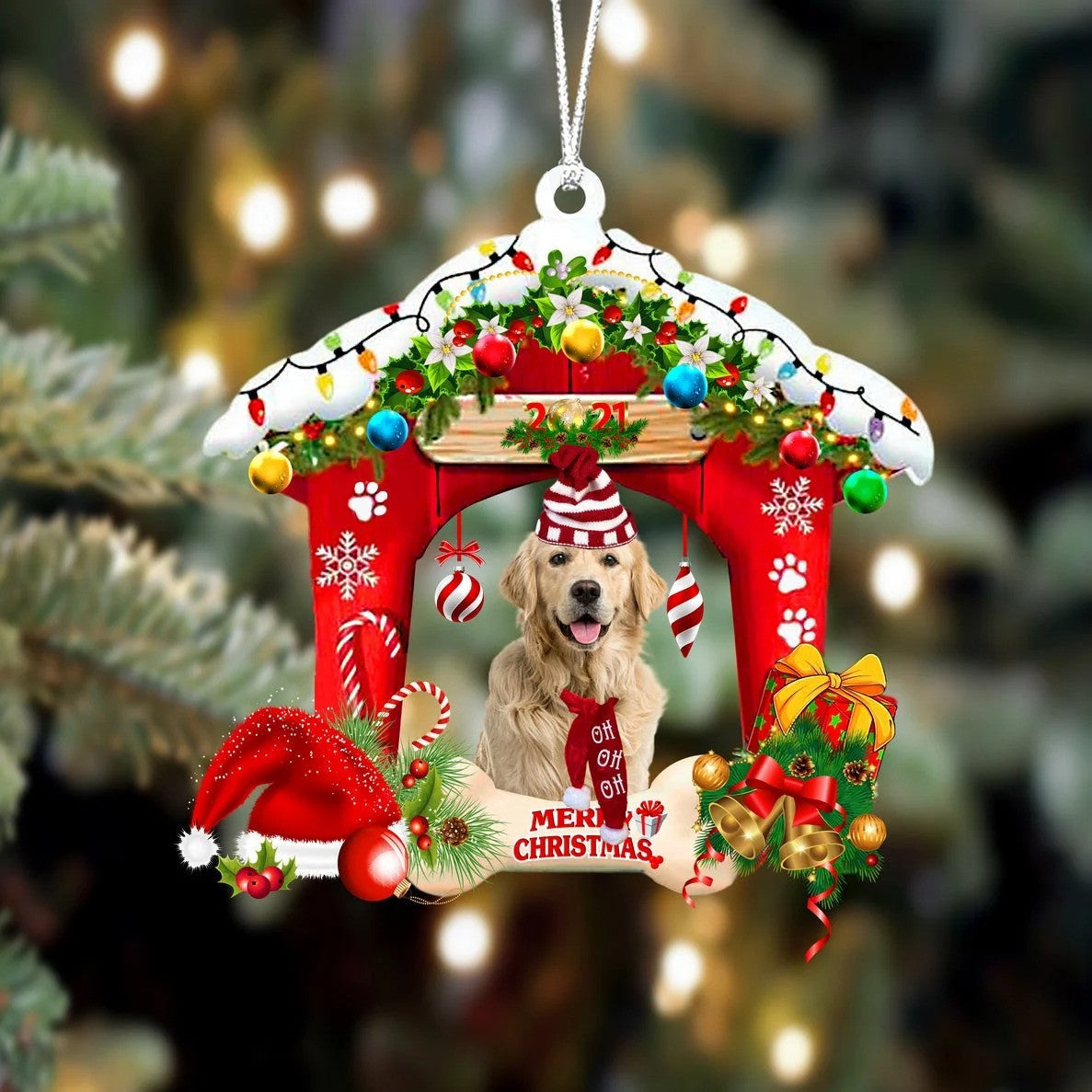 Golden Retriever Christmas House Custom Shaped Two Sided Ornament