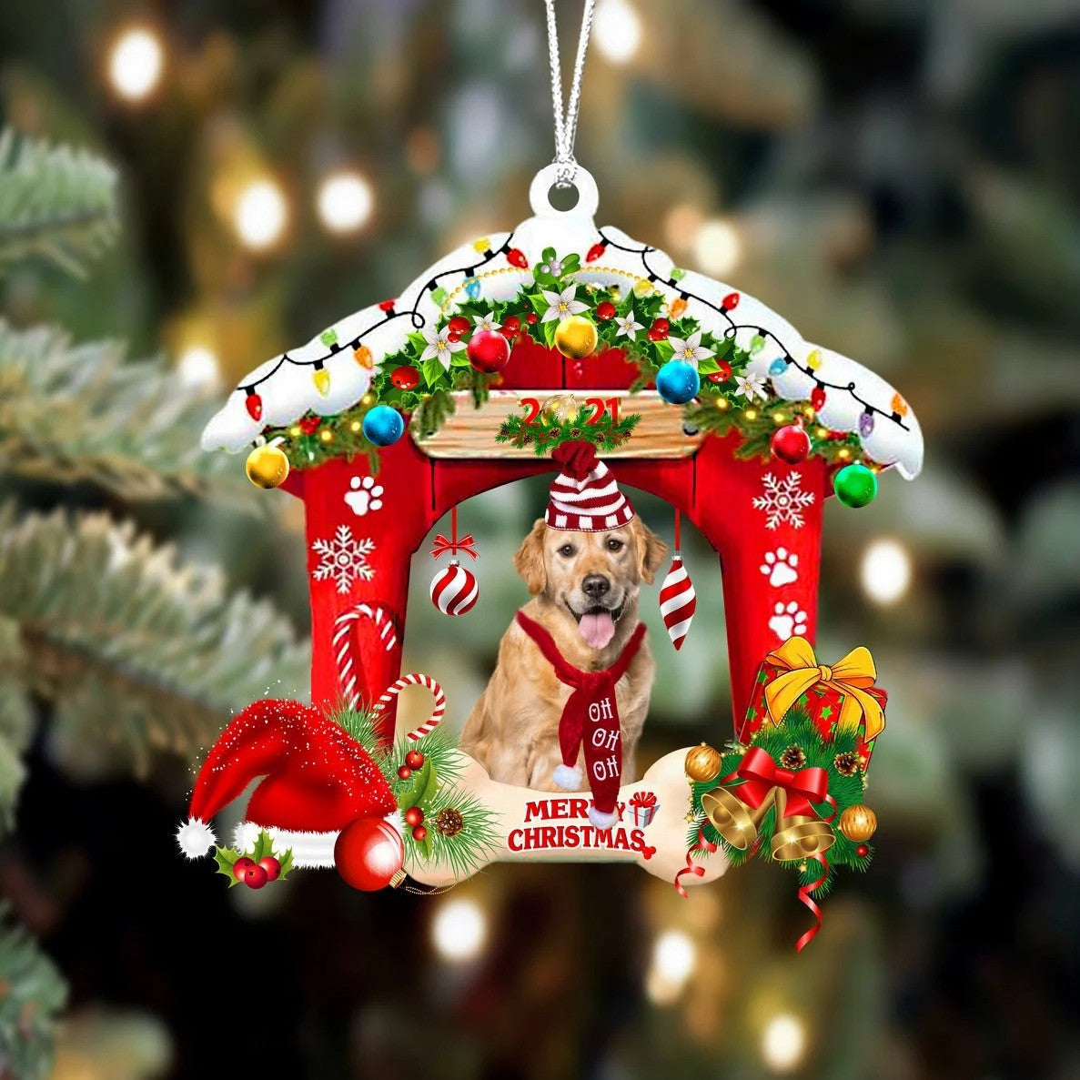 Golden Retriever Christmas House Custom Shaped Two Sided Ornament