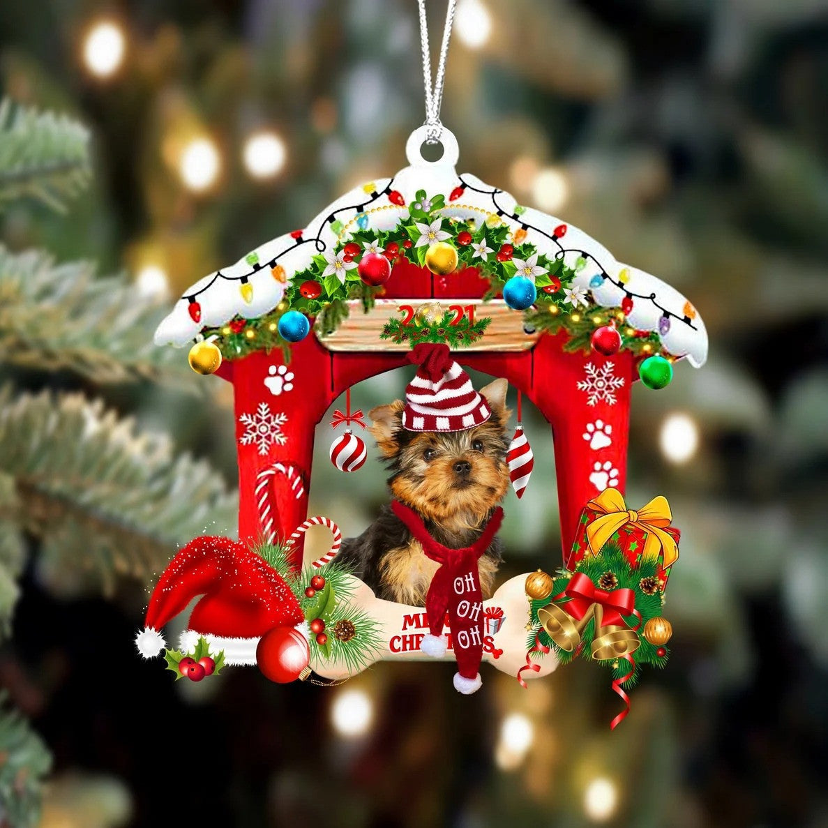 Yorkshire Terrier Christmas House Custom Shaped Two Sided Ornament