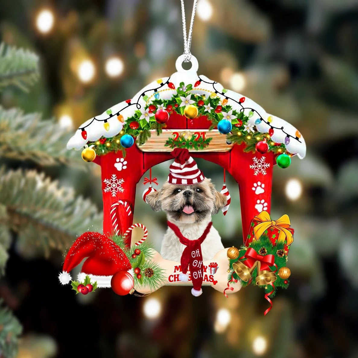 Shih Tzu Christmas House Custom Shaped Two Sided Ornament