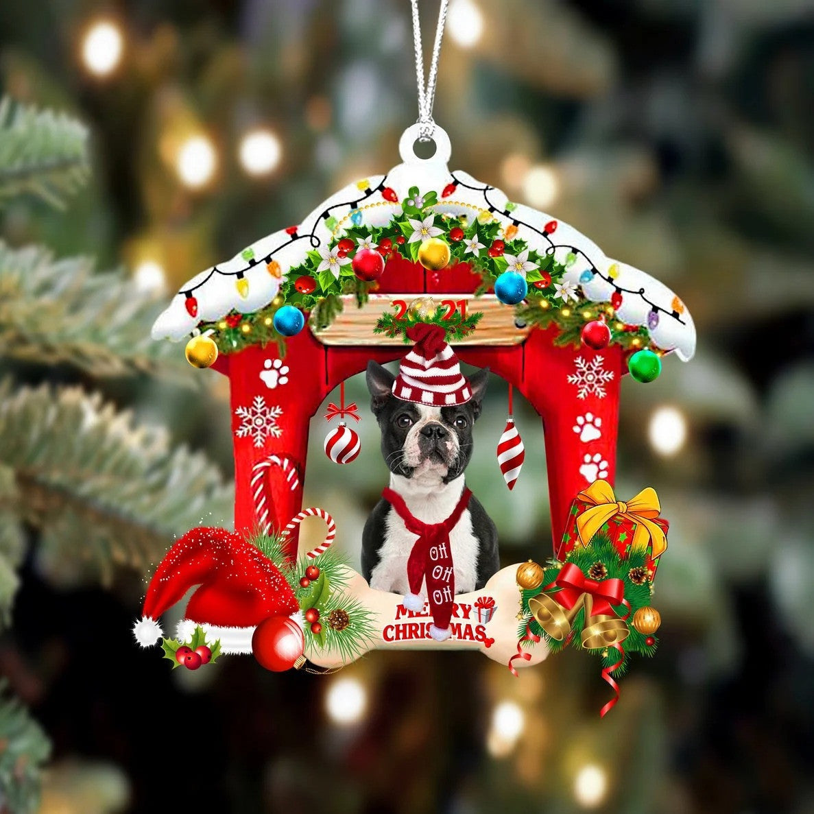 Boston terrier Christmas House Custom Shaped Two Sided Ornament