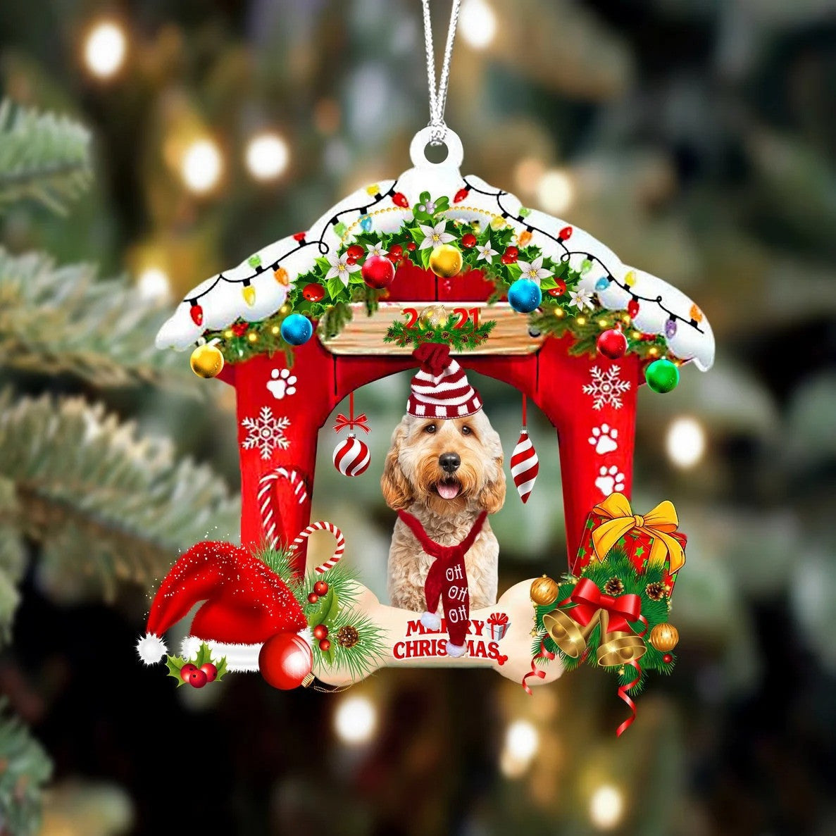 Goldendoodle Christmas House Custom Shaped Two Sided Ornament