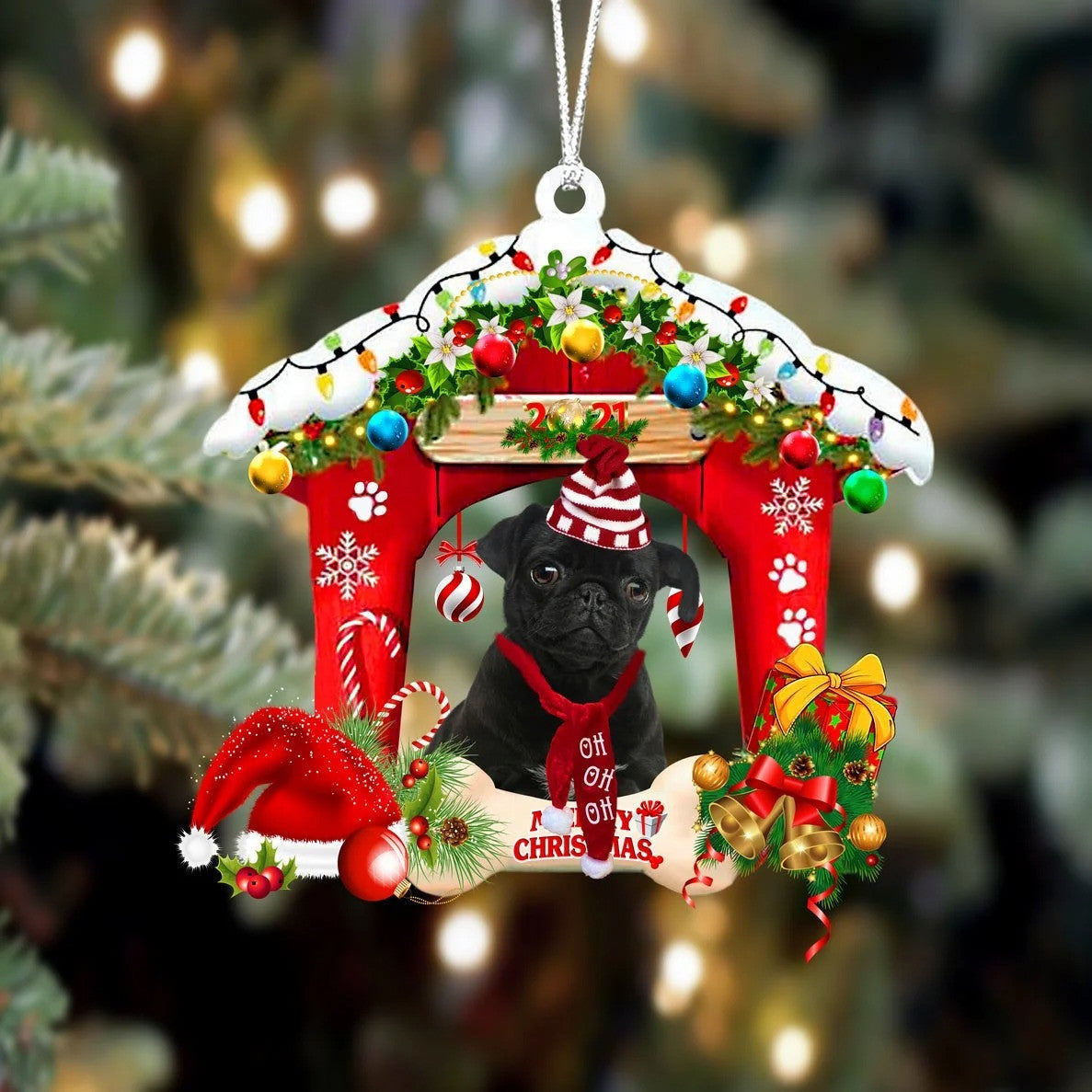Pug Christmas House Custom Shaped Two Sided Ornament