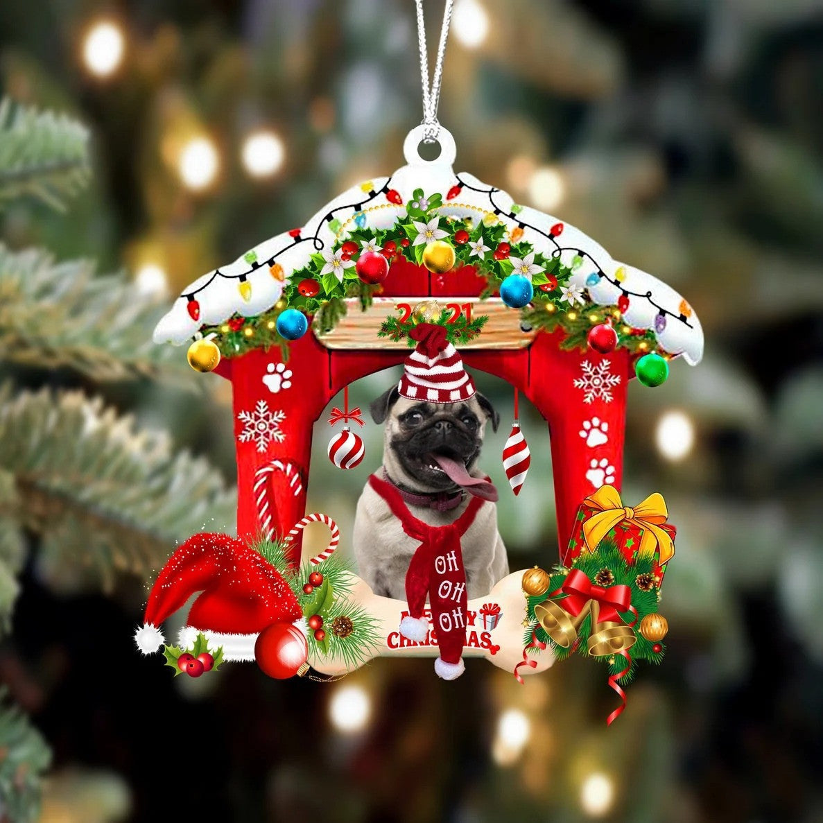 Pug Christmas House Custom Shaped Two Sided Ornament
