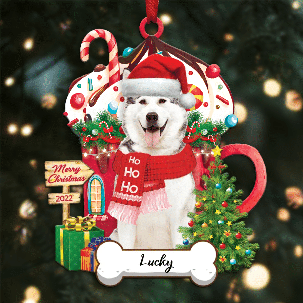 Personalized Ho Ho Ho Alaskan Dog Christmas Ornament for Christmas Tree Decor