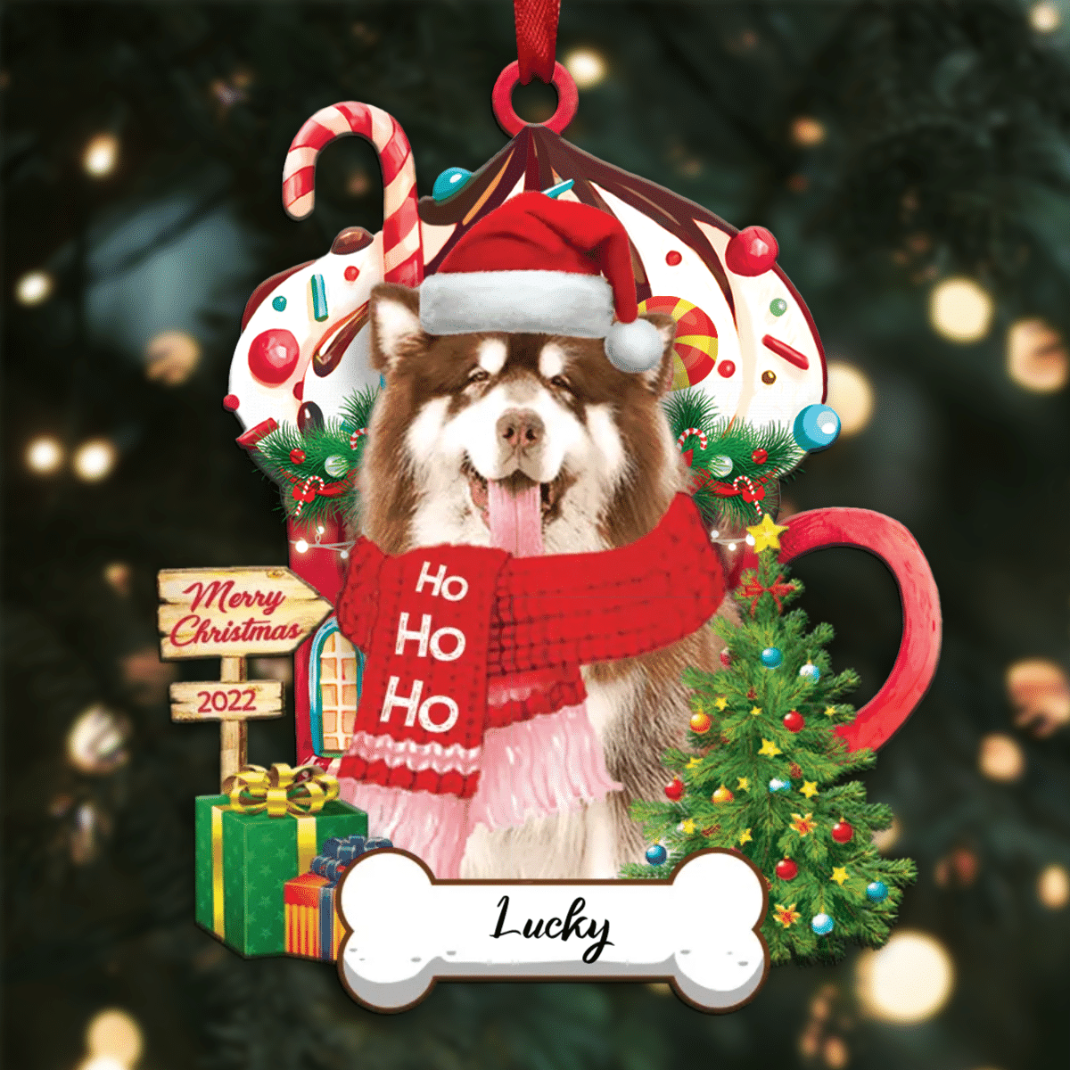 Personalized Ho Ho Ho Alaskan Dog Christmas Ornament for Christmas Tree Decor