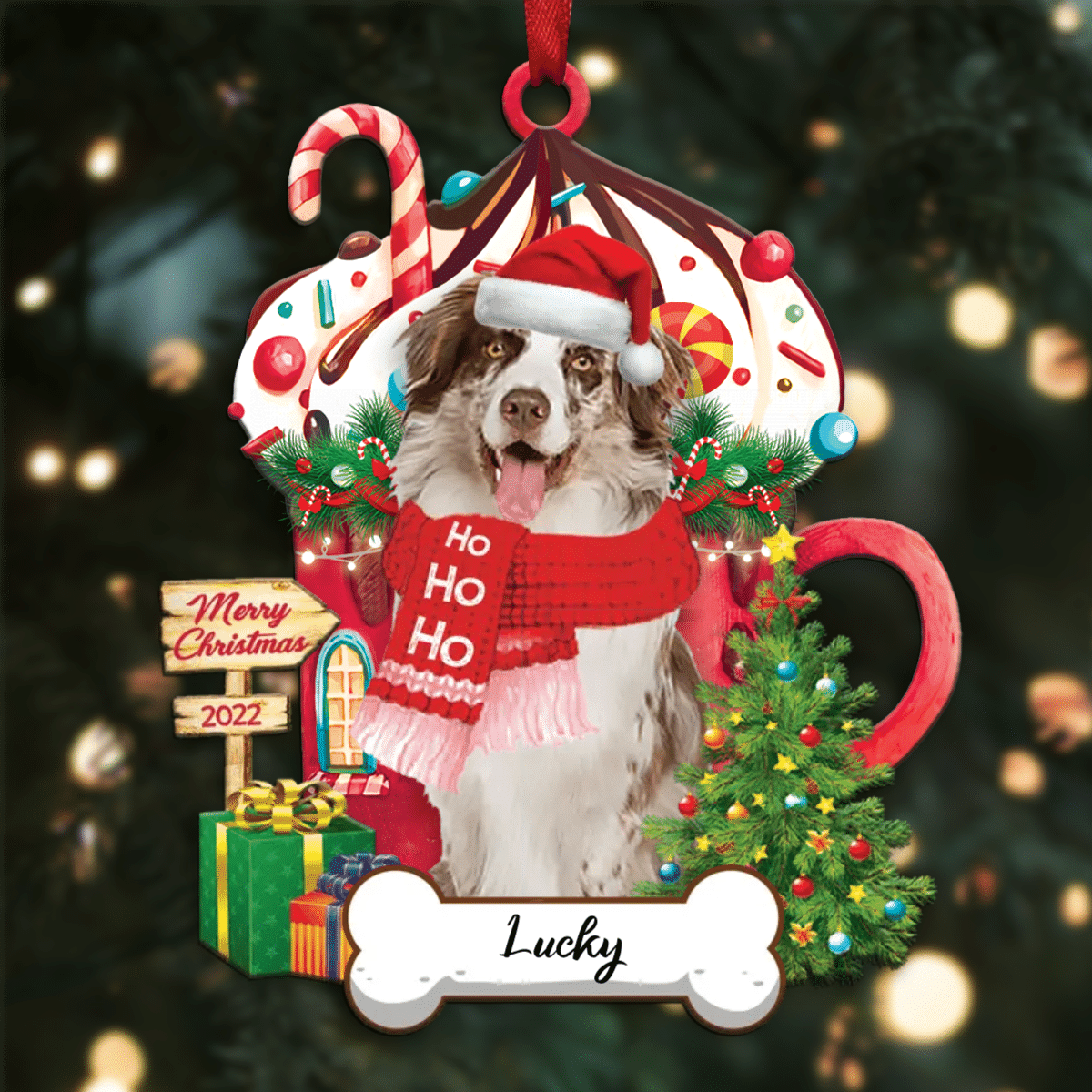 Personalized Ho Ho Ho Australian Shepherd Dog Christmas Ornament for Dog Lovers