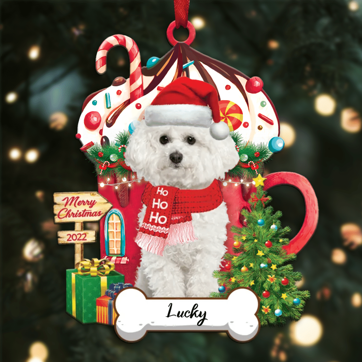 Personalized Ho Ho Ho Bichon Frise Dog Christmas Ornament for Christmas Tree Decor