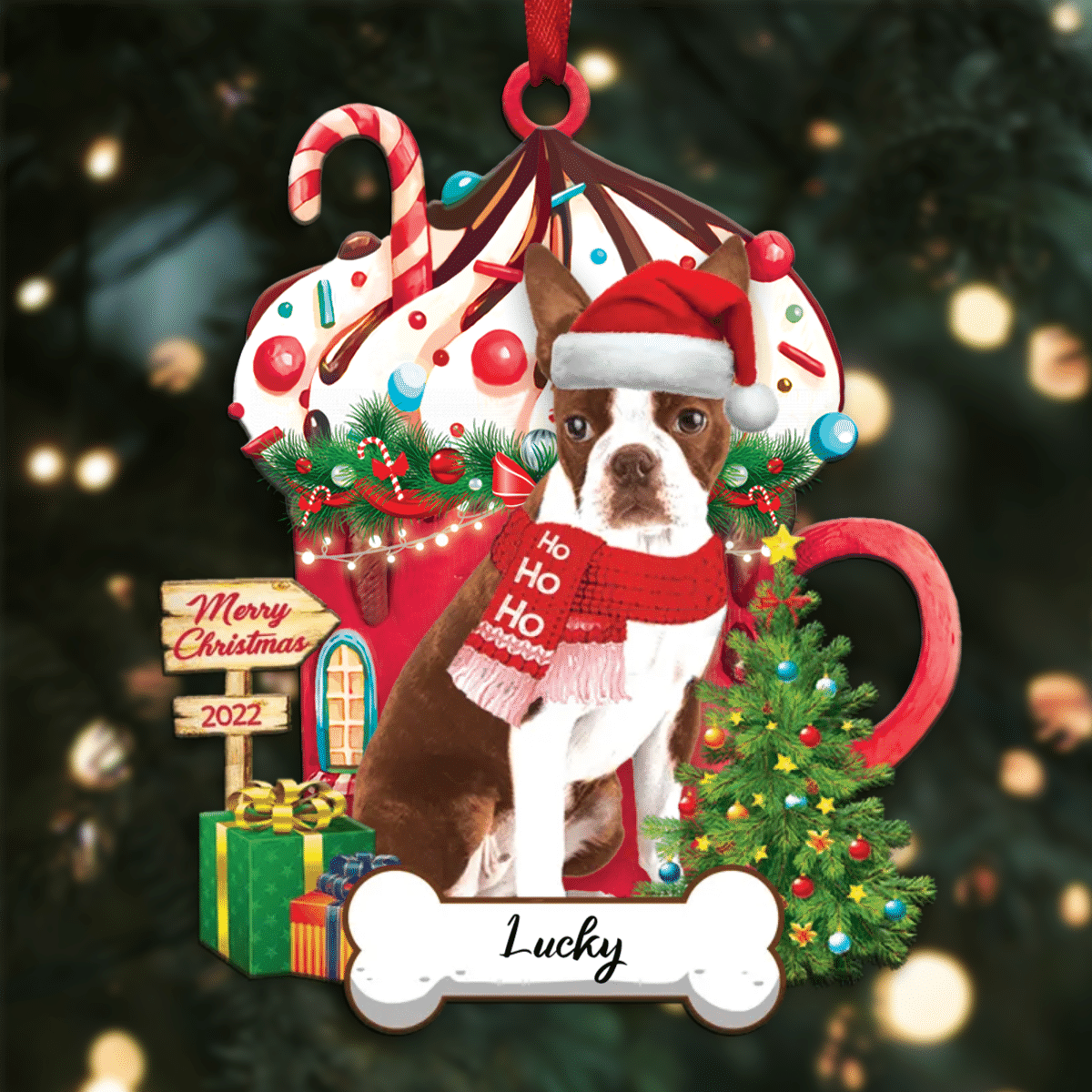 Personalized Ho Ho Ho Boston Terrier Dog Christmas Ornament for Christmas Tree Decor