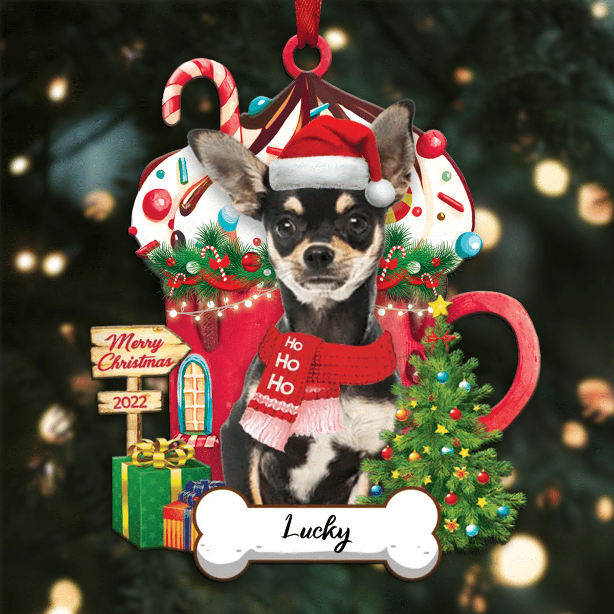 Personalized Ho Ho Ho Black Chihuahua Dog Christmas Ornament for Dog Lovers