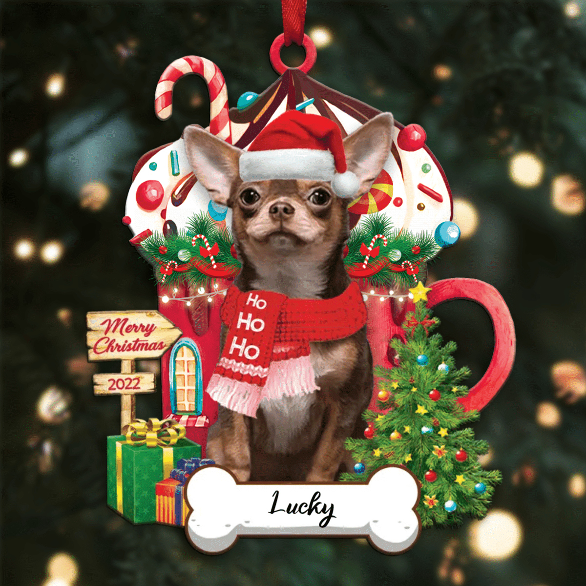 Personalized Ho Ho Ho Yellow Chihuahua Dog Christmas Ornament for Dog Lovers