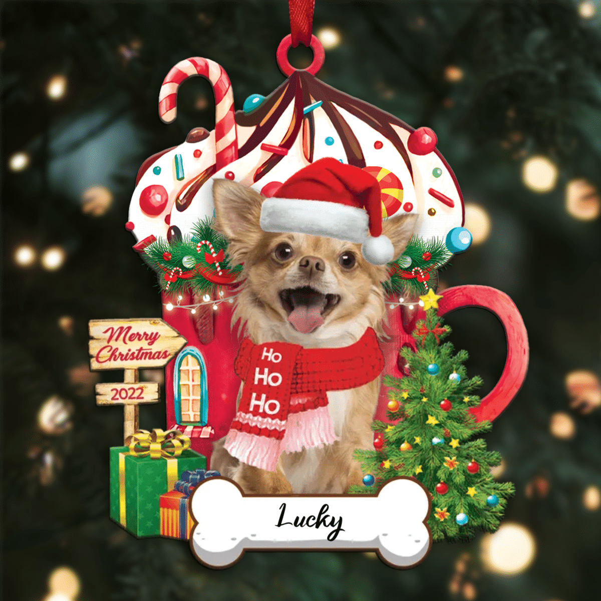 Personalized Ho Ho Ho Chocolate Chihuahua Dog Christmas Ornament for Dog Lovers
